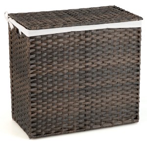 Costway 110L 3-Section Laundry Hamper w/Lid&Handle PE Rattan Clothes Hamper w/Liner Bag - 1 of 4