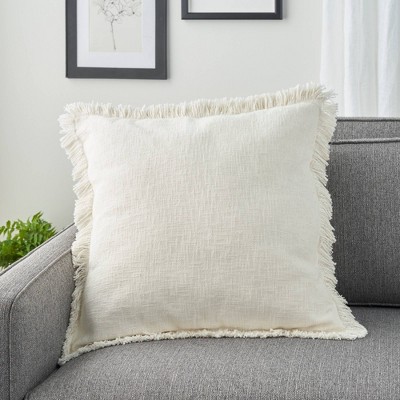 Ivory Stonewash Cotton Square Throw Pillow with Fringe Edges