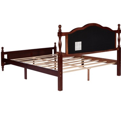 DOMETOUR Queen Pine Bed with Upholstered Headboard, Panel Footboard, Bed Rail & Platform Support Feet, Classic Cherry