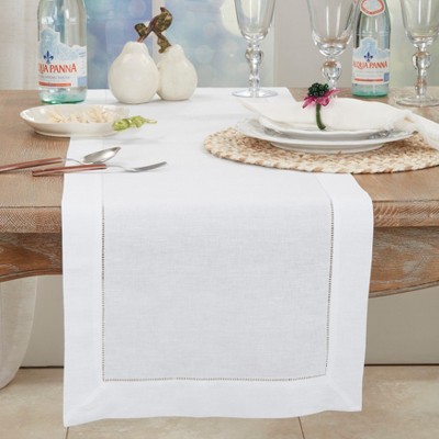 White Hemstitched Cotton Linen Blend Table Runner