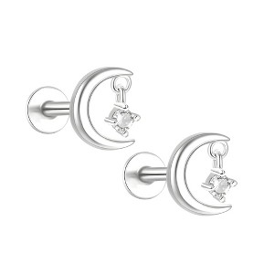 Moon and Star Flat Back Earrings for Women Sterling Silver 16g Cartilage Helix Lobe Body Piercing Stud Ginger Lyne - 1 of 4