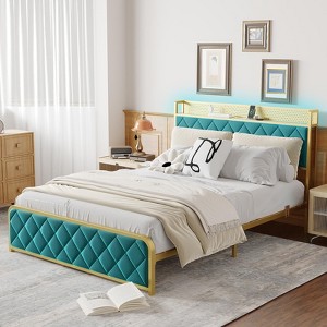 King Size Platform Bed Frame with Charging Station and LED Lights, King Bed Frame with Velvet Storage Headboard, Noise Free - 1 of 4
