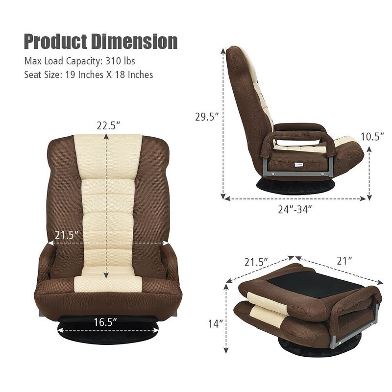 360-Degree Swivel Gaming Floor Chair with Foldable Adjustable Backrest, 3 of 11