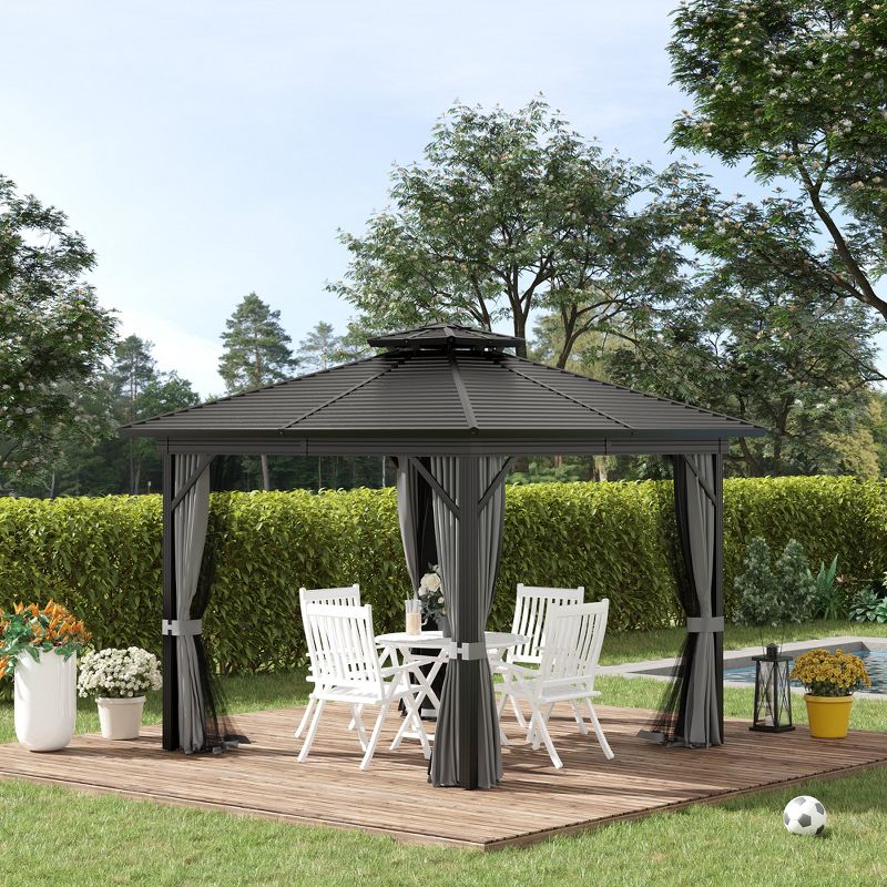 Outsunny 10' x 10' Metal Hardtop Gazebo with Mesh Sidewalls & Curtains, Double Roof Pavilion for Patio, Backyard, Deck, Porch, Gray, 2 of 7
