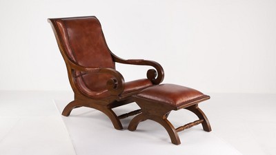 Handcrafted Brown Leather and Teak Wood Accent Chair with Ottoman