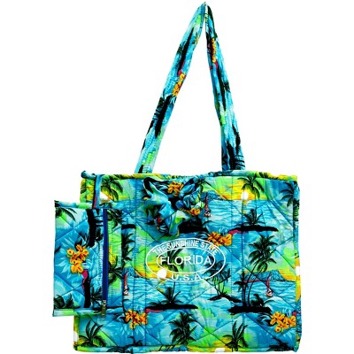 LA LEELA Women's Summer Water Resistant Pool Tote Bag with Matching Beachwear Holiday Sarong Wrap One Size Palm Tree Blue