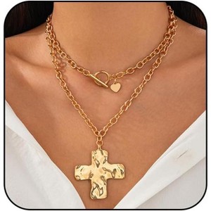 Chunky Gold Cross Necklace - Hammered Statement Pendant with Toggle Clasp - 1 of 4