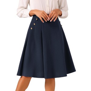 INSPIRE CHIC Women's High Waist Button Decor Vintage Pleated Flared Midi Skirt - 1 of 4