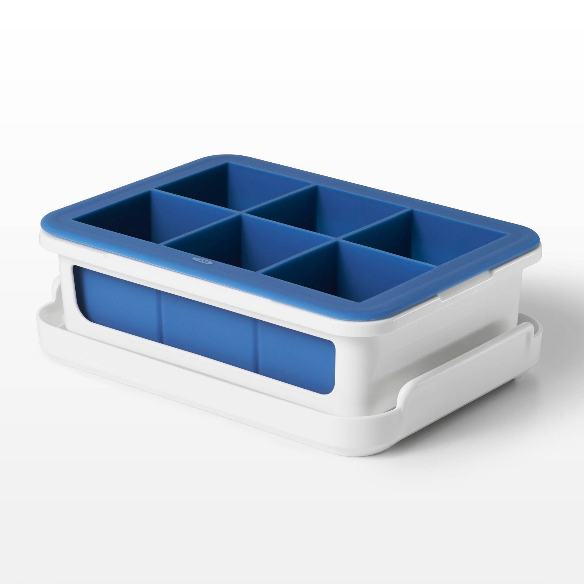OXO Covered Ice Cube Tray Large Cubes: Silicone & Plastic, 6 Cavities, Dishwasher-Safe, Ice Mold with Lid