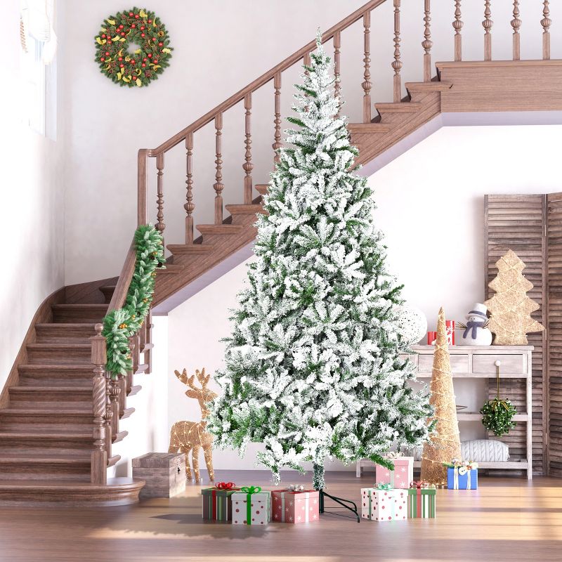 HOMCOM 9 FT Tall Unlit Snow Flocked Pine Artificial Christmas Tree with Realistic Branches, Green, 2 of 7