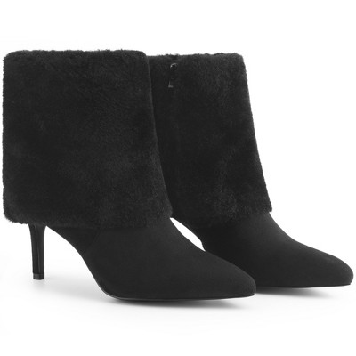 BLISSFUL STEP Women's Faux Fur Stiletto Heel Pointed Toe Ankle Boots