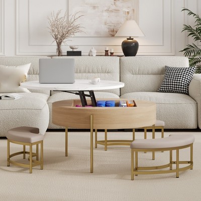 Lift Top Coffee Table with 3 Ottoman, Modern Round Center Table with Hidden Storage, Wood Cocktail Table for Living Room Bedroom Office