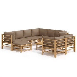 vidaXL 10-Piece Bamboo Patio Furniture Set with Taupe Cushions - Outdoor Garden Lounge Sofa - Modular Design, Includes Table and Cushions - 1 of 4