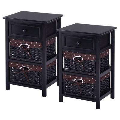 Costway Set OF 2 Night Stand 3 Tier 1 Drawer Bedside End Table Organizer Wood W/2 Basket