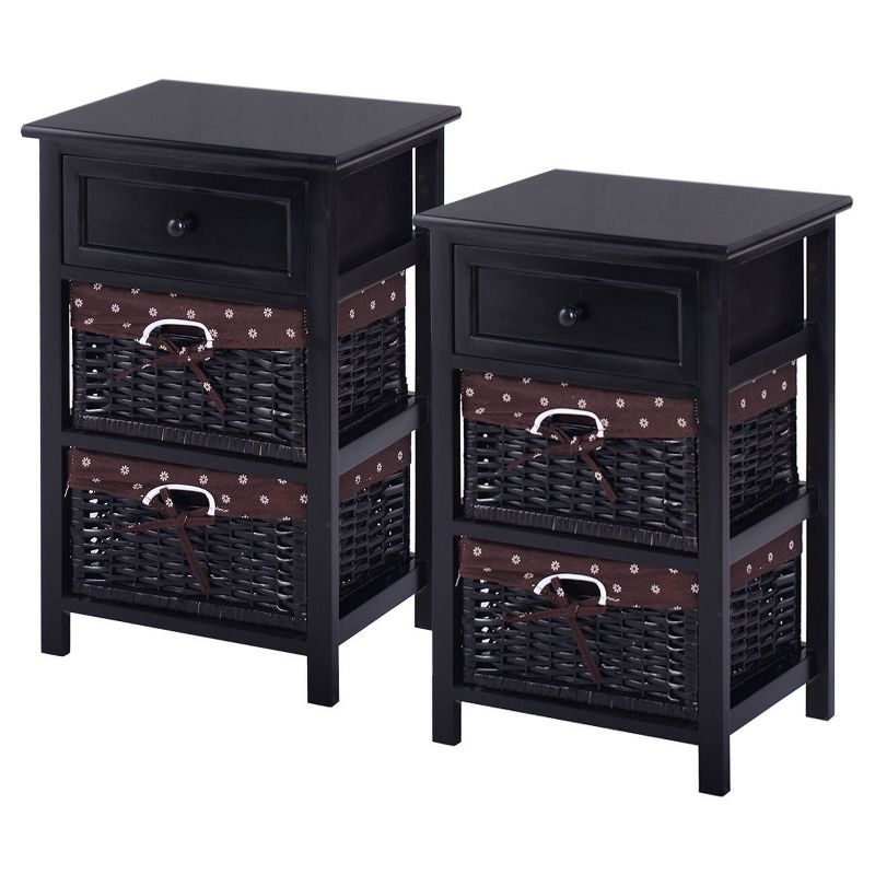 Costway Set OF 2 Night Stand 3 Tier 1 Drawer Bedside End Table Organizer Wood W/2 Basket, 1 of 11