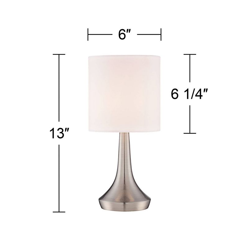 360 Lighting Zofia Modern Accent Table Lamps 13" High Set of 2 Brushed Nickel Silver Tapered Metal Touch On Off White Fabric Drum Shade for Bedroom, 4 of 7
