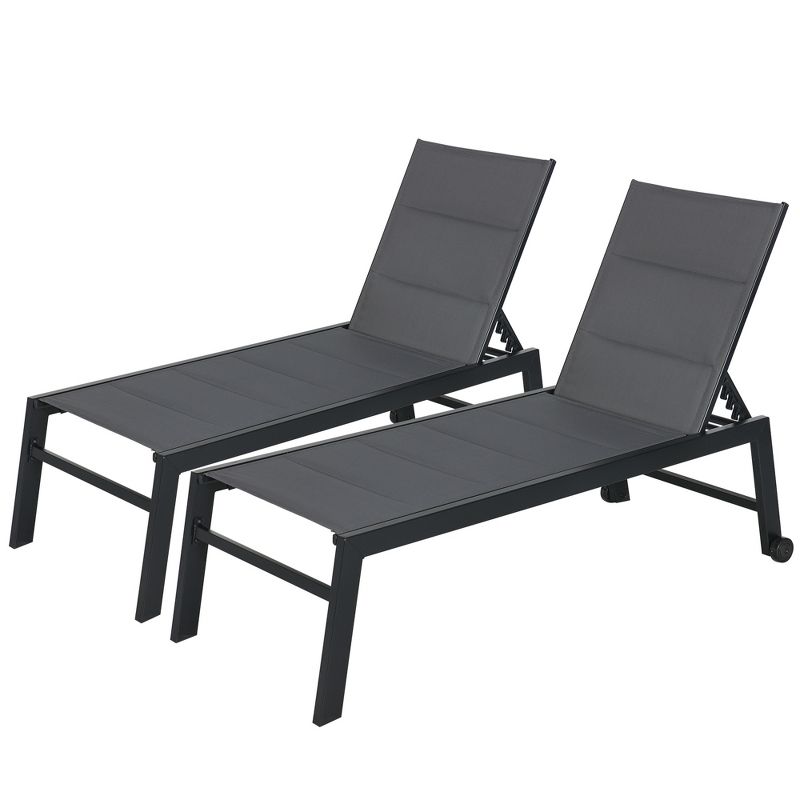 Outsunny Chaise Lounge Outdoor Pool Chair Set of 2 with Wheels, Five Position Recliner for Sunbathing, Suntanning, Breathable Fabric, Gray, 4 of 7