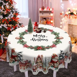 Christmas Tablecloth with Santa, elk and Wreath Designs, Dustproof Dining Table Cover for Holiday Decor - 1 of 4
