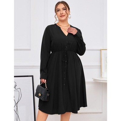 Women's Plus Size Button Down Maxi Dress V Neck Long Sleeve Business Casual Work Polo Shirt Long Dress with Pockets