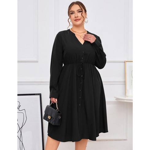 Women s Plus Size Button Down Maxi Dress V Neck Long Sleeve Business Casual Work Polo Shirt Long Dress With Pockets Black Xl Target