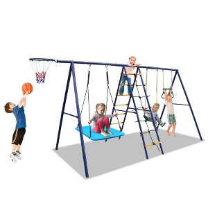 Whisen 6 in 1 Swing Set with Climbing Ladder, Climbing Net, Trapeze Bar, Basketball Hoop, Perfect Gift for Kids - Multicolor - 1 of 4