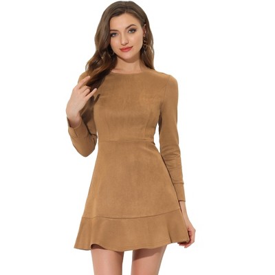 Allegra K Women's Regular Fit Faux Suede Crew Neck Long Sleeve Ruffled Hem  Mini Dress Brown X-small : Target