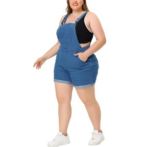 Agnes Orinda Women's Plus Size Adjustable Strap Pocket Roll Hem Denim Overall Jean Shorts - 1 of 4