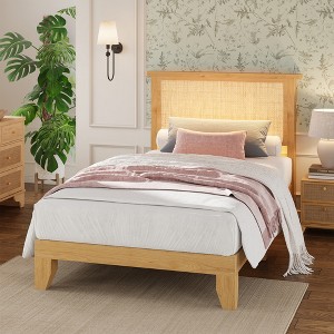 Rattan Bed Frame, Bohemian Rattan Bed Frame Twin with Natural Headboard, LED Lights, No Box Spring Needed - 1 of 4