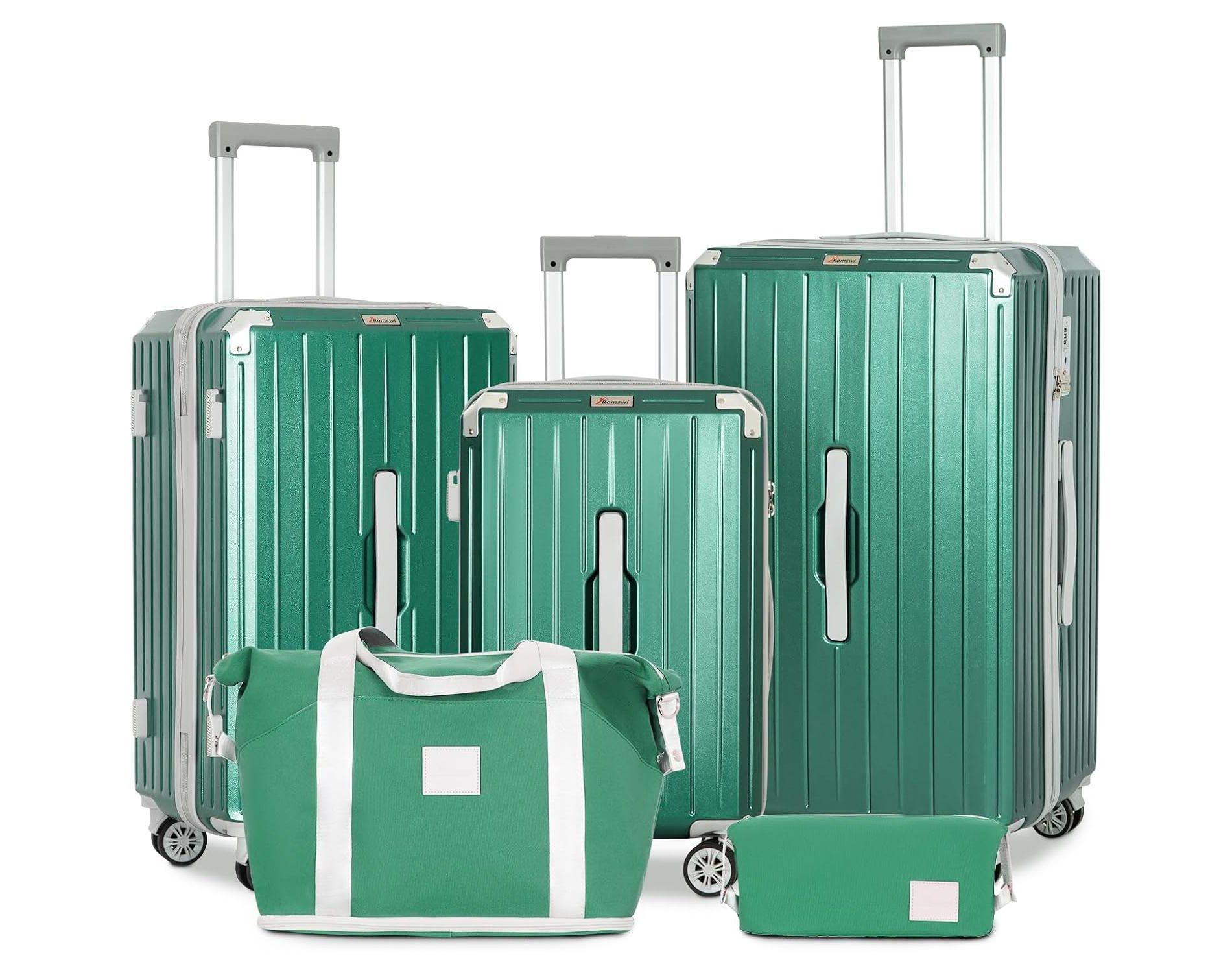 Romswi 5 Piece Carry-On Luggage Set, 20" 24" 28" Lightweight Suitcase with TSA Lock, Cup Holder,  and Duffel Bag – Spinner Wheels Travel Green Luggage