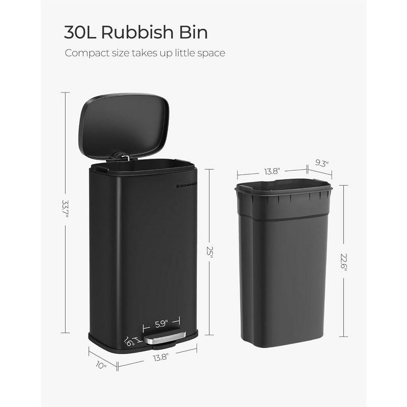 SONGMICS Trash Can with Lid, 8 Gallon Garbage Can, Stainless Steel Small Waste Bin with Step Pedal and Inner Bucket, Soft Close, Kitchen, 4 of 9