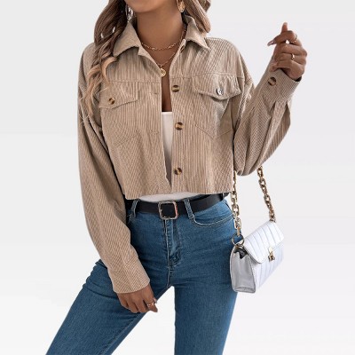 Womens Casual Jackets Corduroy Cropped Shacket Fashion Textured Trendy Crop Boxy Coats Faux Pockets Fall Winter Button Down Coats