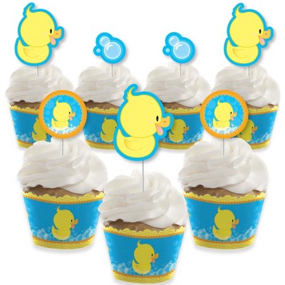 Big Dot of Happiness Ducky Duck - Cupcake Decoration - Baby Shower or Birthday Party Cupcake Wrappers and Treat Picks Kit - Set of 24