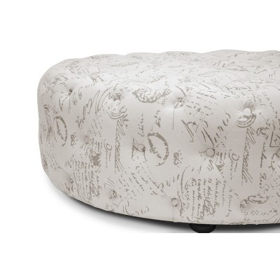 Cardiff Beige Script Print Round Tufted Linen Ottoman