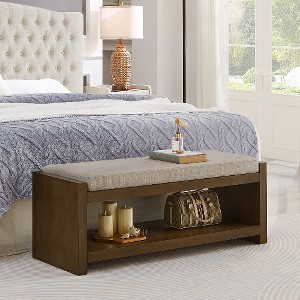 Lyngins Transitional Design Storage Bench with Removable Cushion, Entryway Bench with Lower Shelf Shoe Rack, Accent Foot Stool for Living Room Bedroom - 1 of 4