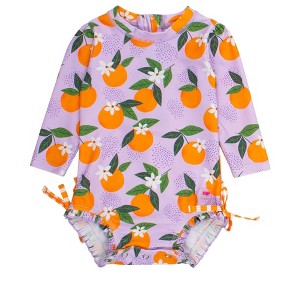 RuffleButts Baby Girls Orange You The Sweetest Long Sleeve UPF50+ One Piece Rash Guard - 1 of 4