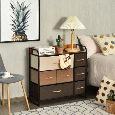 Cream and Brown 7-Drawer Fabric Dresser with Steel Frame