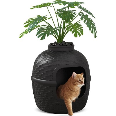 Heynemo Plant Litter Box, Hidden Litter Box with Rattan Pattern for Cat, Faux Plant and Real Stones, Carbon Filter