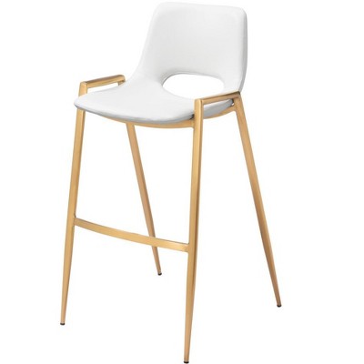 HomeRoots Set of Two 30" White And Gold Faux Leather And Steel Low Back Bar Height Bar Chairs