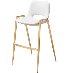 HomeRoots Set of Two 30" White And Gold Faux Leather And Steel Low Back Bar Height Bar Chairs - 1 of 4
