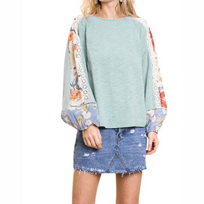 Women's Sheer Floral Puff Sleeve Knit Top - umgee