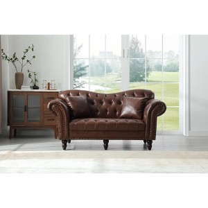Luxurious Chesterfield Faux Leather Loveseat Tufted Upholstered Couch with Pillows Wooden Leg - Morden Fort - 1 of 4