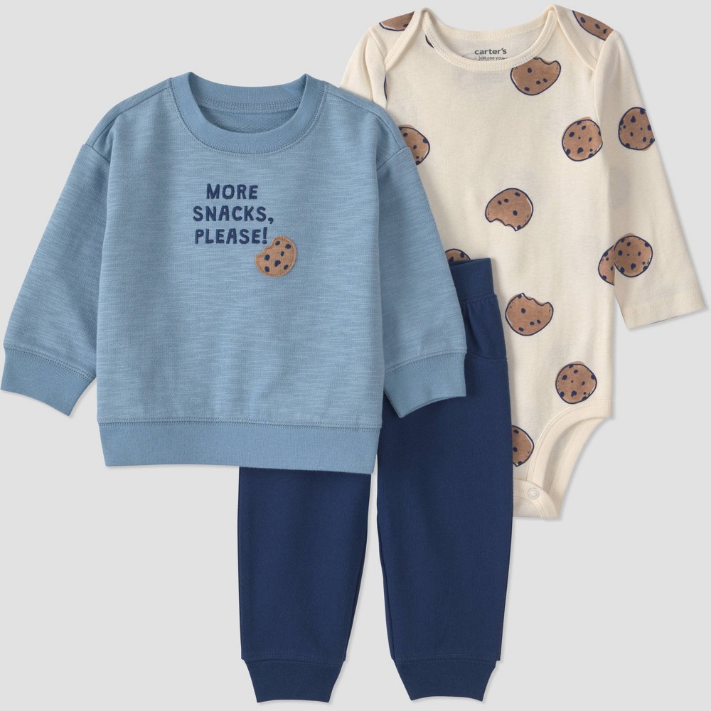 Carter's Just One You® Baby Boys' 3pc Cookie Sweatshirt with Long Sleeve Bodysuit and Jogger Pants Set - Blue Newborn
