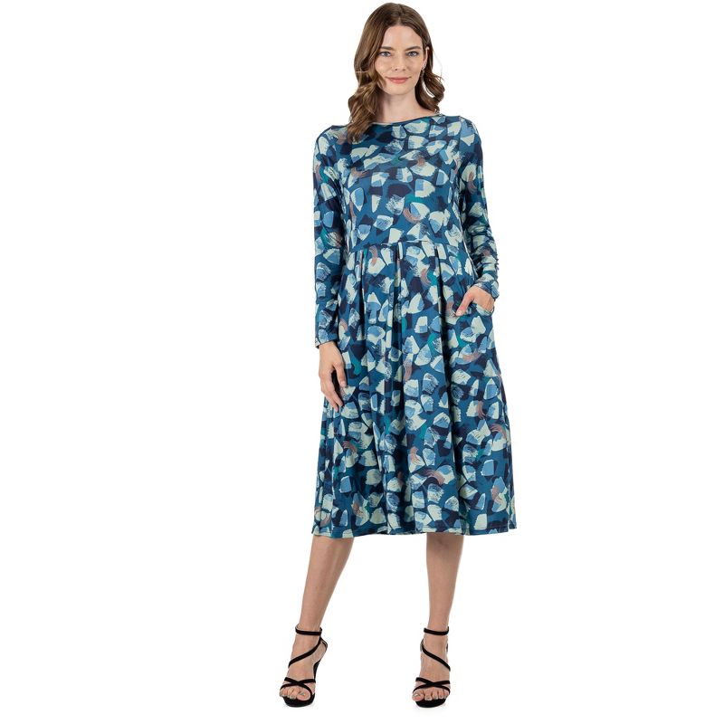 24seven Comfort Apparel Blue Brushstroke Print Long Sleeve Pleated Midi Dress with Pockets, 1 of 5