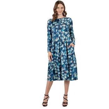 24seven Comfort Apparel Womens Blue Brushstroke Print Long Sleeve Pleated Midi Dress with Pockets