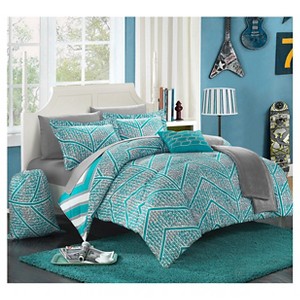 Amaretto Chevron and Geometric Printed Reversible Comforter Set 10 Piece (Full) Aqua - Chic Home Design, Blue
