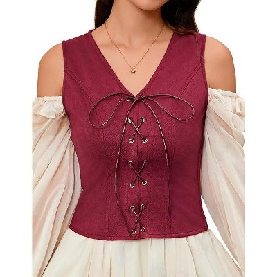 Acekool Women’s Pirate Steampunk Vest – Lace-Up Medieval Bodice, Suede Look Cosplay Waistcoat for Costume or Daily Wear