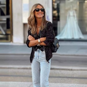 Coolmee Women Casual Sequin Jackets Full Zipper Open Front Cardigan Glitter Long Sleeve Coats Blazer - 1 of 4