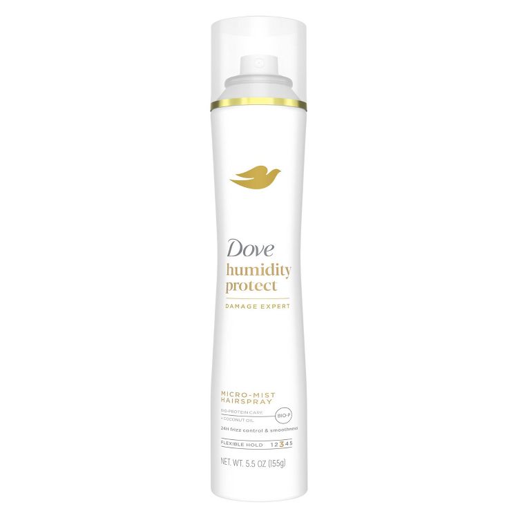 Dove Micro-Mist Hairspray, 5.5 oz. Flexible hold, protects against frizz and humidity. Slim white and gold bottle with a clear cap, featuring a sleek design and the iconic Dove logo. Perfect for smooth, frizz-free hair. 