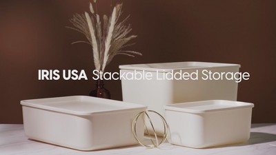 Medium Off-White Plastic Stackable Storage Bins with Lids