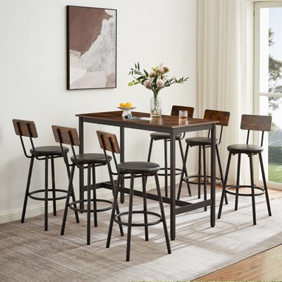CAVINAS Dining Table Set for 6 Dining Room Table Set Long Bar Table with 6 PU Bar Stools Counter Height Dining Table Set for Dining Room